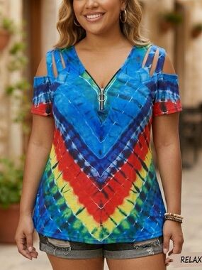 Chicyea Rainbow Tie-Dye Zipper Top XL Strappy Cutout Slit Shoulder Boho Hippie